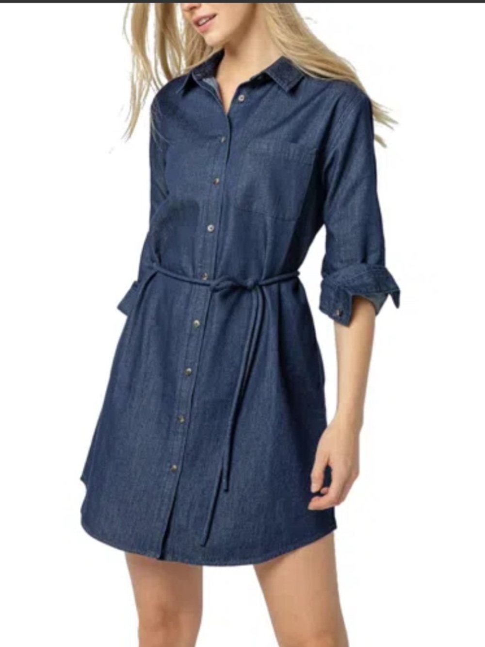 Lilla P classic dark blue denim button down shirt dress with waist tie detail